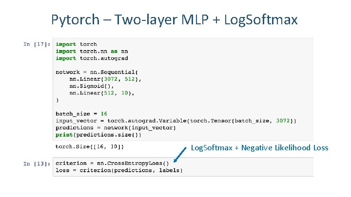 Pytorch – Two-layer MLP + Log. Softmax + Negative Likelihood Loss Pytorch – Two-layer MLP + Log. Softmax + Negative Likelihood Loss