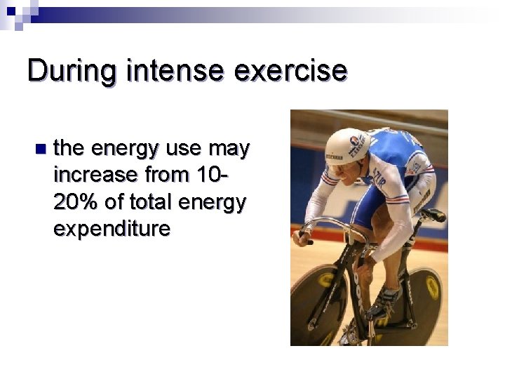 During intense exercise n the energy use may increase from 1020% of total energy