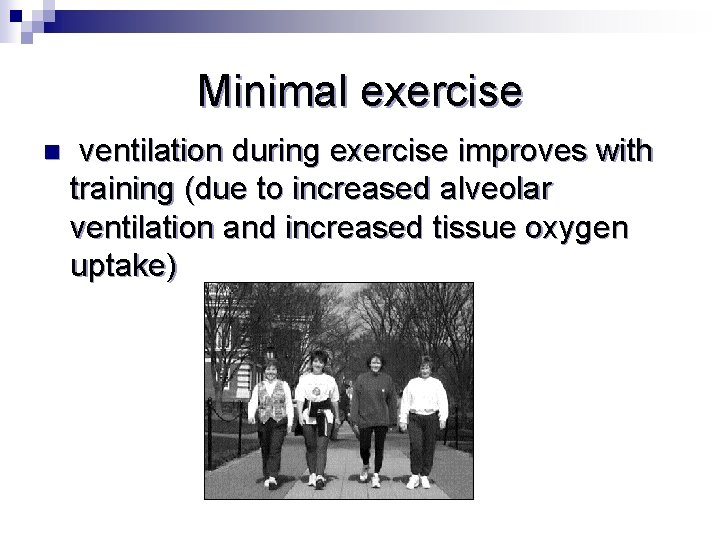 Minimal exercise n ventilation during exercise improves with training (due to increased alveolar ventilation