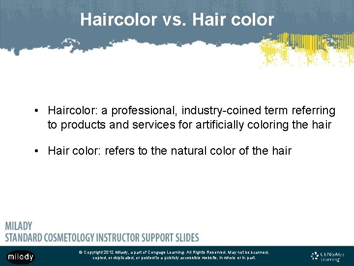 Haircolor vs. Hair color • Haircolor: a professional, industry-coined term referring to products and