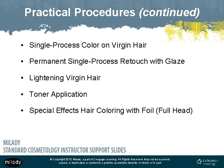 Practical Procedures (continued) • Single-Process Color on Virgin Hair • Permanent Single-Process Retouch with