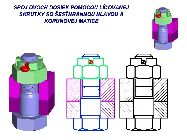 SPOJ DVOCH DOSIEK POMOCOU LÍCOVANEJ SKRUTKY SO ŠESŤHRANNOU HLAVOU A KORUNOVEJ MATICE 