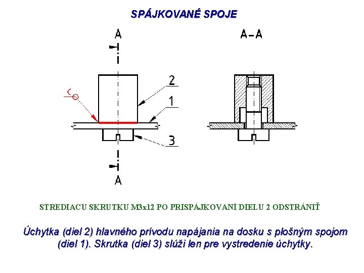 SPÁJKOVANÉ SPOJE STREDIACU SKRUTKU M 3 x 12 PO PRISPÁJKOVANÍ DIELU 2 ODSTRÁNIŤ Úchytka