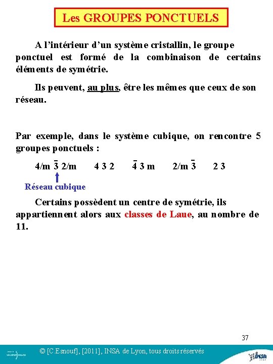 Les GROUPES PONCTUELS A l’intérieur d’un système cristallin, le groupe ponctuel est formé de Les GROUPES PONCTUELS A l’intérieur d’un système cristallin, le groupe ponctuel est formé de