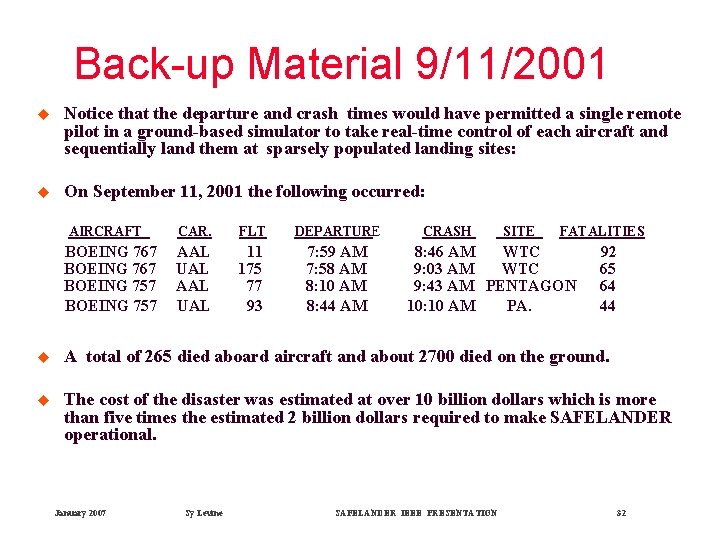Back-up Material 9/11/2001 u Notice that the departure and crash times would have permitted