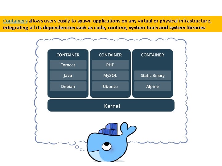  Containers allows users easily to spawn applications on any virtual or physical infrastructure,