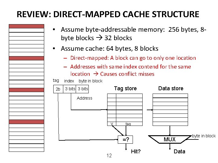 REVIEW: DIRECT-MAPPED CACHE STRUCTURE • Assume byte-addressable memory: 256 bytes, 8 byte blocks 32