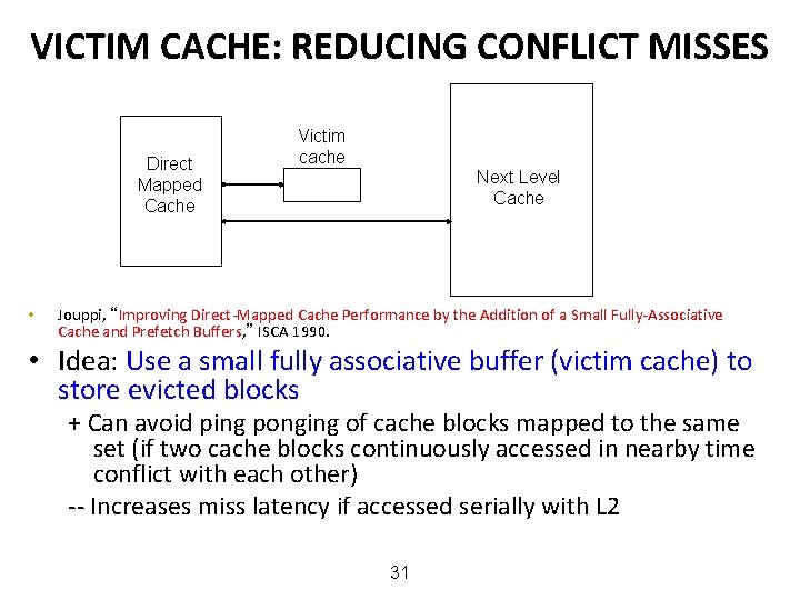 VICTIM CACHE: REDUCING CONFLICT MISSES Direct Mapped Cache • Victim cache Next Level Cache