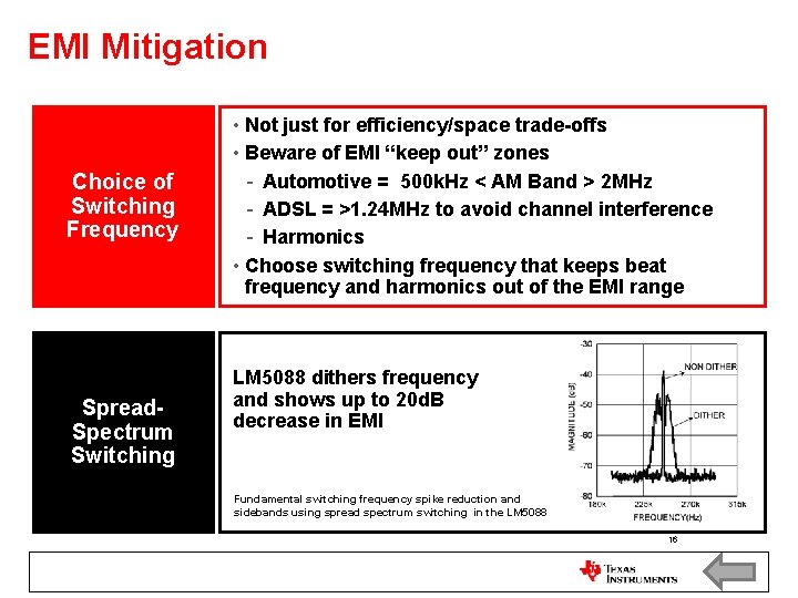 EMI Mitigation Choice of Switching Frequency Spread. Spectrum Switching • Not just for efficiency/space