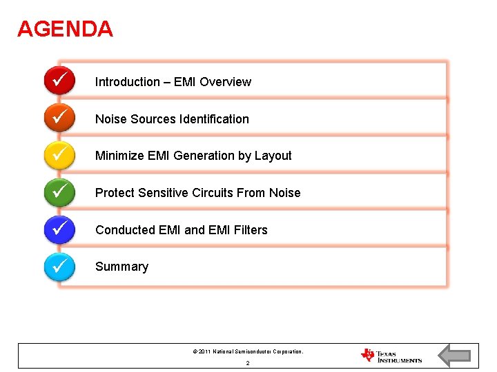AGENDA Introduction – EMI Overview Noise Sources Identification Minimize EMI Generation by Layout Protect