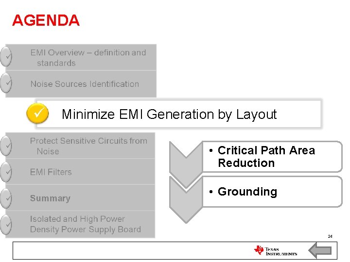 AGENDA Minimize EMI Generation by Layout • Critical Path Area Reduction • Grounding 24