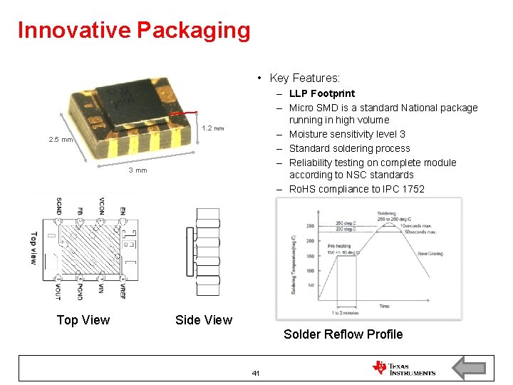 Innovative Packaging • Key Features: – LLP Footprint – Micro SMD is a standard