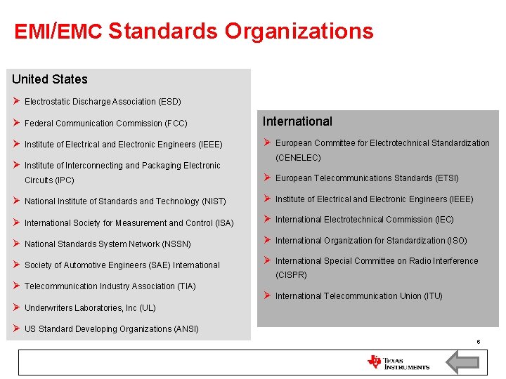 EMI/EMC Standards Organizations United States Ø Electrostatic Discharge Association (ESD) Ø Federal Communication Commission