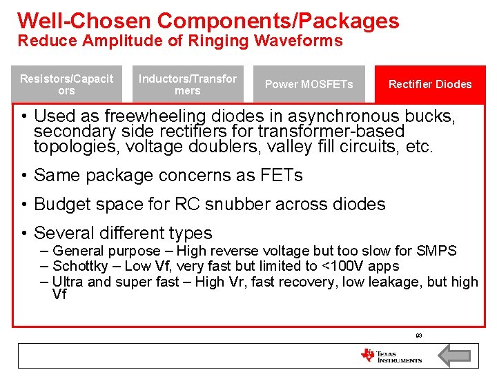 Well-Chosen Components/Packages Reduce Amplitude of Ringing Waveforms Resistors/Capacit ors Inductors/Transfor mers Power MOSFETs Rectifier