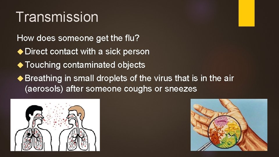 Transmission How does someone get the flu? Direct contact with a sick person Touching