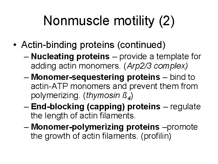 Nonmuscle motility (2) • Actin-binding proteins (continued) – Nucleating proteins – provide a template