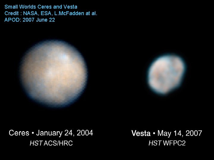 Small Worlds Ceres and Vesta Credit : NASA, ESA, L. Mc. Fadden at al.