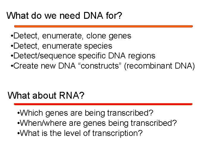 What do we need DNA for? • Detect, enumerate, clone genes • Detect, enumerate What do we need DNA for? • Detect, enumerate, clone genes • Detect, enumerate