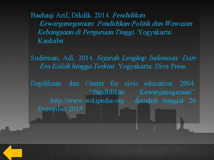 Baehaqi Arif, Dikdik. 2014. Pendidikan Kewarganegaraan: Pendidikan Politik dan Wawasan Kebangsaan di Perguruan Tinggi.