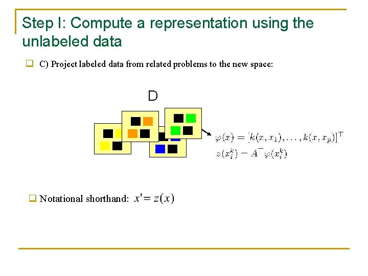 Step I: Compute a representation using the unlabeled data q C) Project labeled data