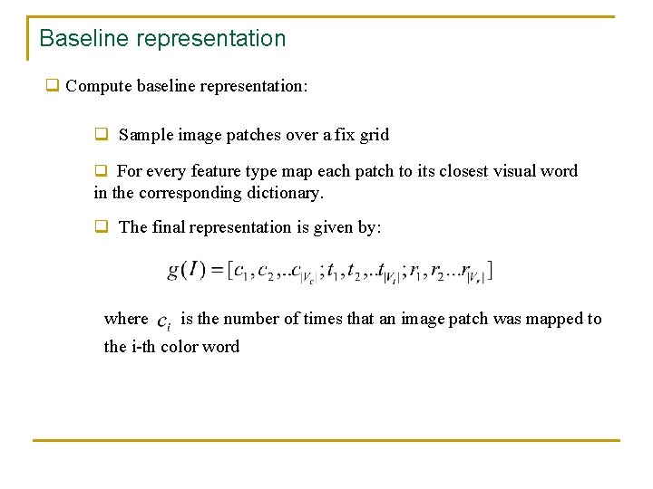 Baseline representation q Compute baseline representation: q Sample image patches over a fix grid