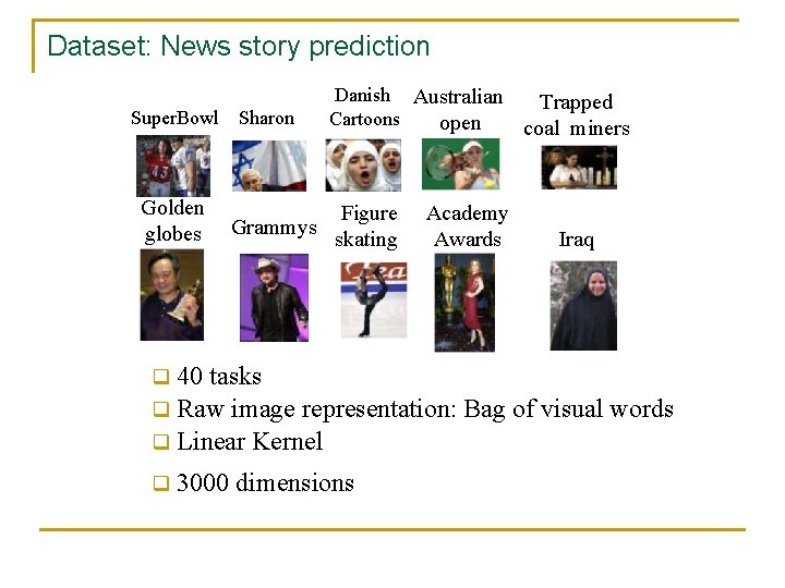 Dataset: News story prediction Super. Bowl Golden globes Sharon Grammys Danish Australian Cartoons open