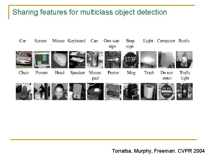 Sharing features for multiclass object detection Torralba, Murphy, Freeman. CVPR 2004 