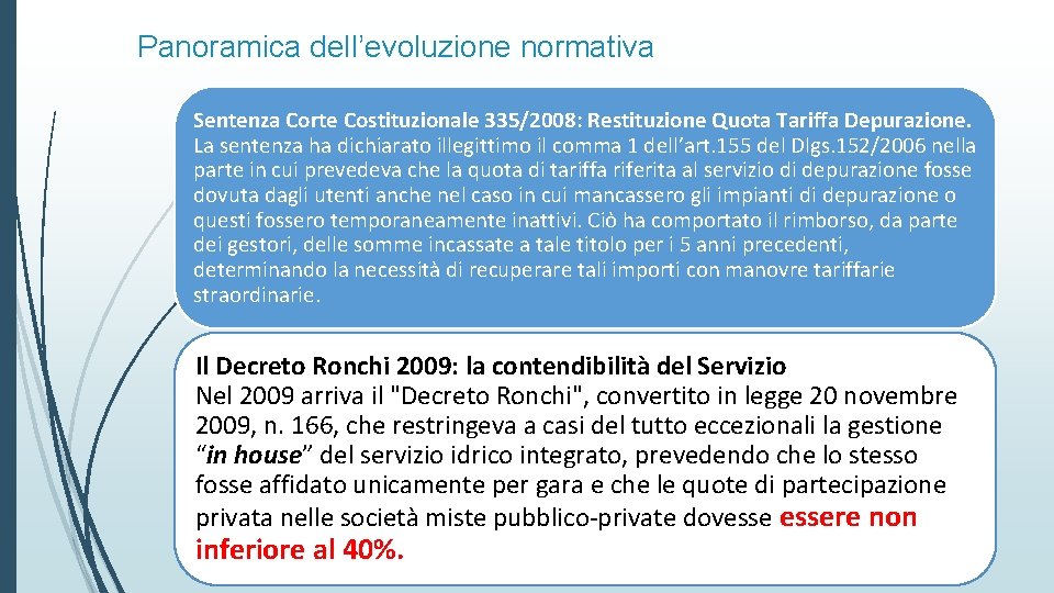 Panoramica dell’evoluzione normativa Sentenza Corte Costituzionale 335/2008: Restituzione Quota Tariffa Depurazione. La sentenza ha