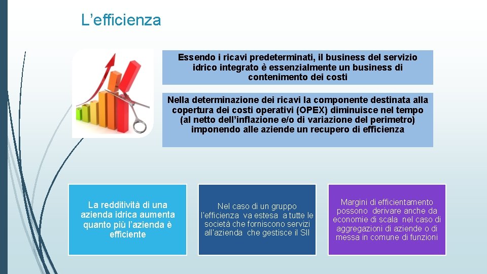 L’efficienza Essendo i ricavi predeterminati, il business del servizio idrico integrato è essenzialmente un