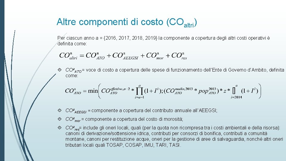 Altre componenti di costo (COaltri) Per ciascun anno a = {2016, 2017, 2018, 2019}