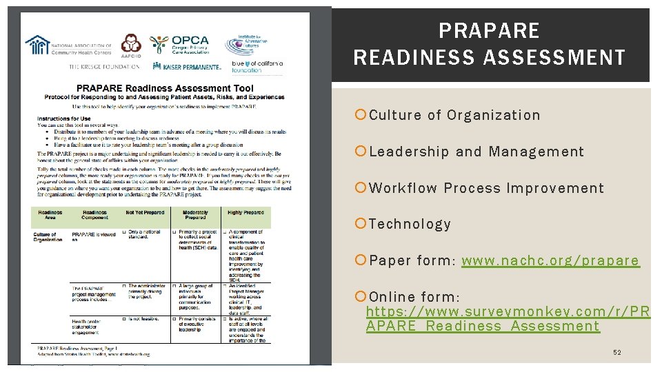 PRAPARE READINESS ASSESSMENT Culture of Organization Leadership and Management Workflow Process Improvement Technology Paper