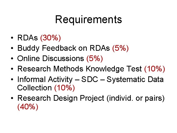 Requirements • • • RDAs (30%) Buddy Feedback on RDAs (5%) Online Discussions (5%)