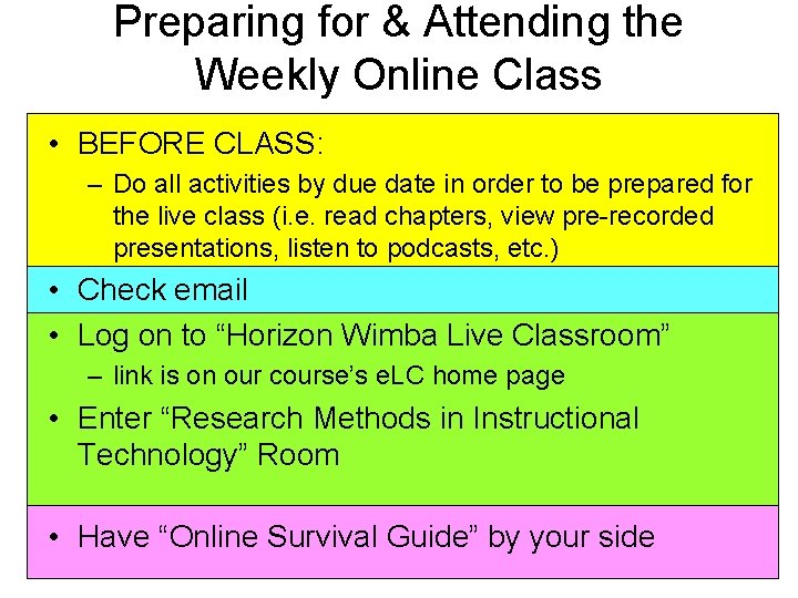 Preparing for & Attending the Weekly Online Class • BEFORE CLASS: – Do all