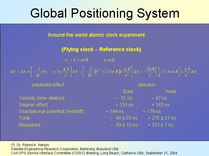 Global Positioning System Around the world atomic clock experiment (Flying clock – Reference clock)