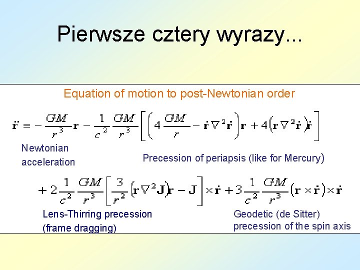 Pierwsze cztery wyrazy. . . Equation of motion to post-Newtonian order Newtonian acceleration Precession