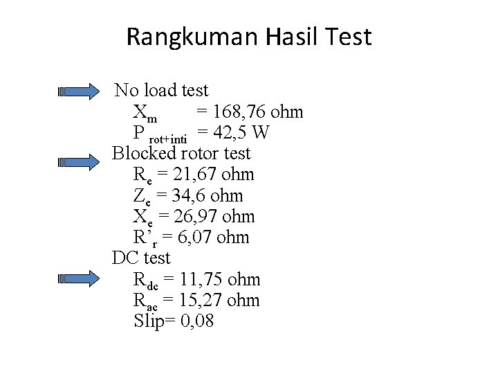 Rangkuman Hasil Test No load test Xm = 168, 76 ohm P rot+inti =