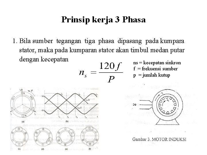 Prinsip kerja 3 Phasa 1. Bila sumber tegangan tiga phasa dipasang pada kumpara stator,