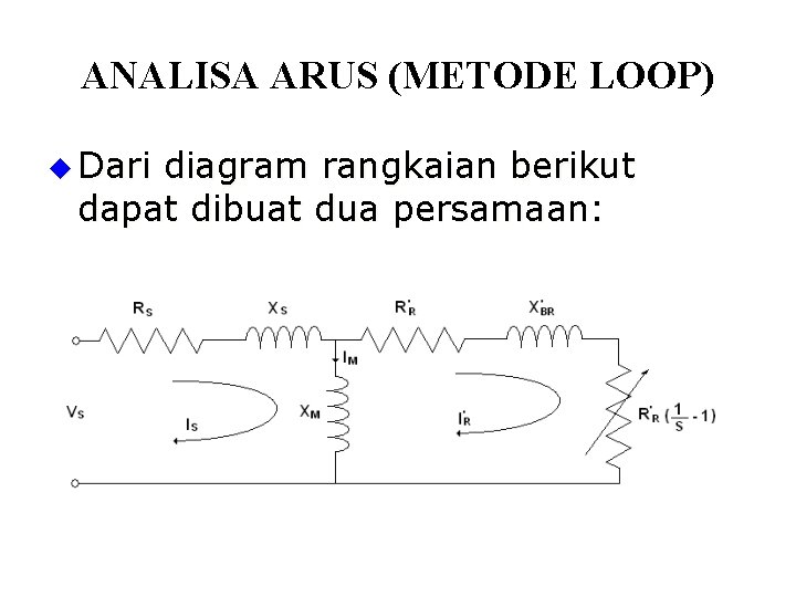 ANALISA ARUS (METODE LOOP) u Dari diagram rangkaian berikut dapat dibuat dua persamaan: 