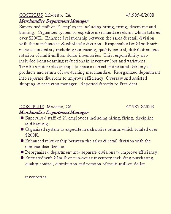 COSTPLUS Modesto, CA 4/1985 -8/2008 Merchandise Department Manager Supervised staff of 21 employees including