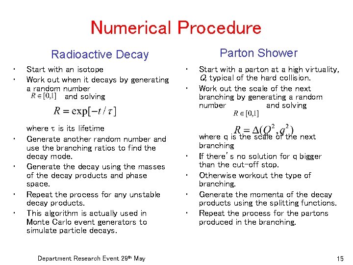Numerical Procedure Parton Shower Radioactive Decay • • • Start with an isotope Work
