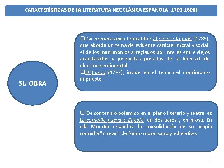 CARACTERÍSTICAS DE LA LITERATURA NEOCLÁSICA ESPAÑOLA (1700 -1800) SU OBRA q Su primera obra