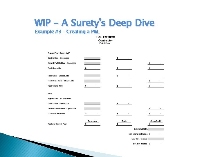 WIP - A Surety's Deep Dive Example #3 – Creating a P&L WIP - A Surety's Deep Dive Example #3 – Creating a P&L