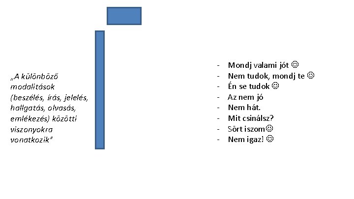 „A különböző modalitások (beszélés, írás, jelelés, hallgatás, olvasás, emlékezés) közötti viszonyokra vonatkozik” Mondj valami