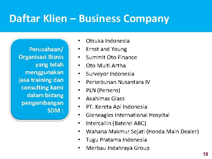 Daftar Klien – Business Company Perusahaan/ Organisasi Bisnis yang telah menggunakan jasa training dan