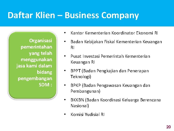 Daftar Klien – Business Company • Kantor Kementerian Koordinator Ekonomi RI Organisasi pemerintahan yang