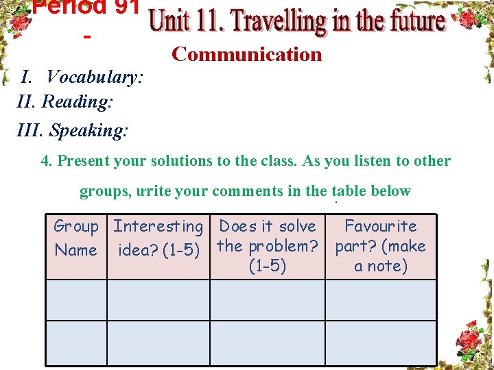Period 91 I. Vocabulary: II. Reading: III. Speaking: Communication 4. Present your solutions to