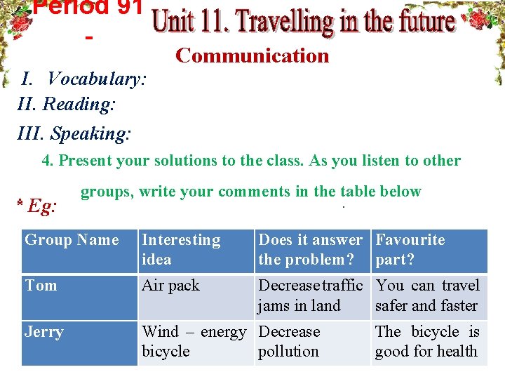 Period 91 I. Vocabulary: II. Reading: III. Speaking: Communication 4. Present your solutions to