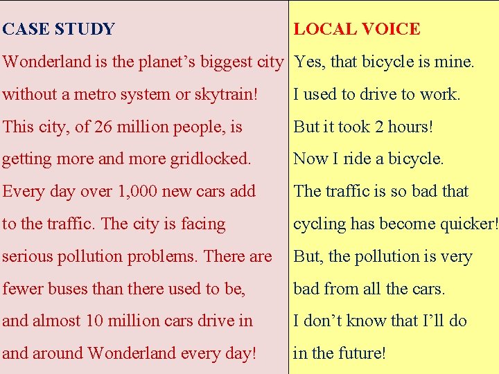 CASE STUDY LOCAL VOICE Wonderland is the planet’s biggest city Yes, that bicycle is