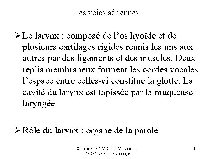 Les voies aériennes Ø Le larynx : composé de l’os hyoïde et de plusieurs