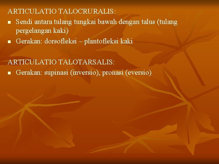 ARTICULATIO TALOCRURALIS: n Sendi antara tulang tungkai bawah dengan talus (tulang pergelangan kaki) n